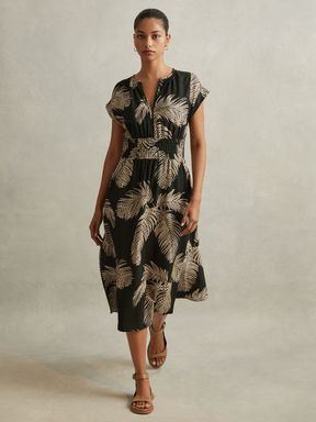 Khaki Reiss Colby Tropical Print Elasticated Waist Midi Dress