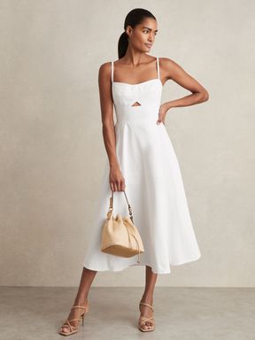 White Reiss Annie Denim Fit and Flare Midi Dress