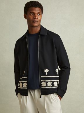 Navy Reiss Gatsby Interlock Jersey Embroidered Jacket