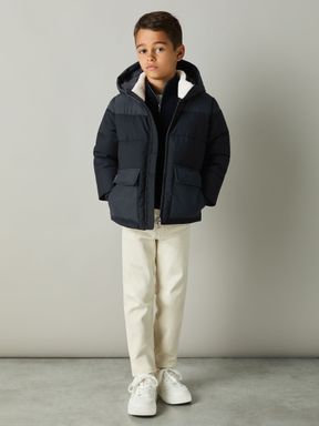 Navy Reiss Rigel Hooded Twill and Shell Puffer Jacket