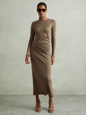 Camel Reiss Sloane Wool Ruche Detail Midi Dress