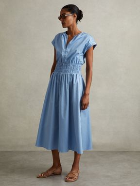 Blue Reiss Lena Cotton Ruched Waist Midi Dress