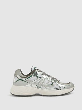 Silver/Green Reiss Volt Nubuck and Mesh Trainers