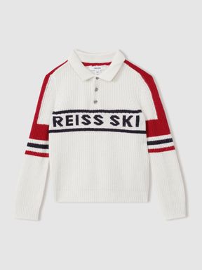 Off White/Red Reiss Acklin Colourblock Ski Polo Neck Jumper