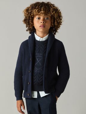 Navy Reiss Victor Logo-Embroidered Cabled Jumper with Cotton and Wool