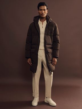 Brown Reiss Stratus Quilted Hooded Puffer Coat