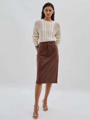 Brown Paige Faux-Leather Midi Brown Skirt