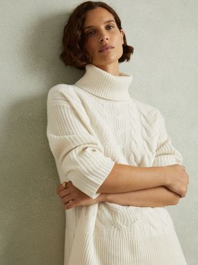 Cream Reiss Carina Wool-Cashmere Cable Knit Roll Neck Jumper