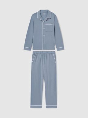 Airforce Blue Reiss Myers Set Brushed-Cotton Piped-Trim Pyjama Set