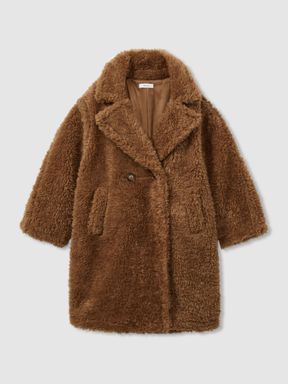 Brown Reiss Darla Longline Teddy Coat with Wool