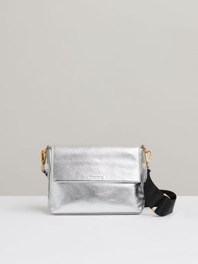 Silver Reiss Selena Leather Adjustable Strap Cross-Body Bag