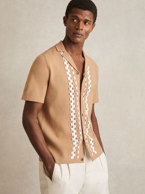 Camel/Off White Reiss Addington Geometric Cuban Collar Knit Shirt