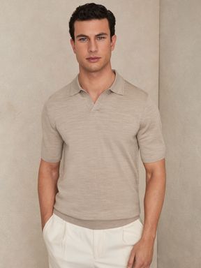 Wheat Melange Reiss Duchie Merino Wool Open Collar Polo Shirt