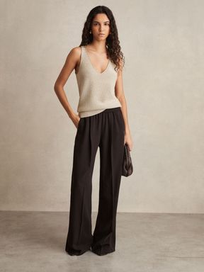 Chocolate Brown Reiss Remi Elasticated Side Stripe Wide Leg Trousers