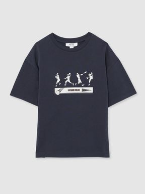 Petrol Blue Reiss Kolby Cotton Varsity-Print Oversized T-Shirt