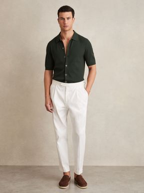 Dark Green Reiss Thames Textured Knit Button-Through Shirt