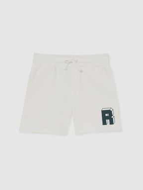 Off White/Forest Green Reiss Marcus Jersey Drawstring R Print Shorts