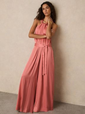 Pink Reiss Rosin Satin Wide Leg Draped Jumpsuit