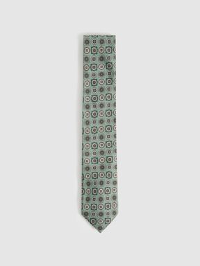 Soft Sage Reiss Primo Silk Foulard Medallion Print Tie