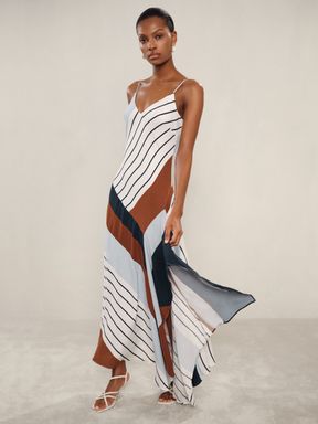Blue/Brown Reiss Hallia Stripe-Print Handkerchief Maxi Dress