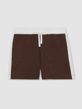 Chocolate Brown / Off White Reiss Cane 100% Cotton Waffle-Knit Badge Shorts