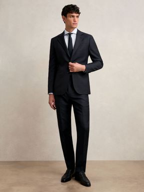 Navy Reiss Seminar Wool Check Slim-Fit Suit Trousers