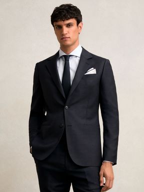 Navy Reiss Seminar Wool Single-Breasted Check Suit Blazer Tailored-Fit