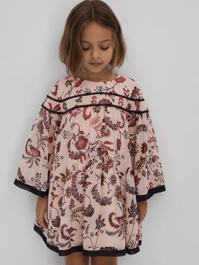 Pink Reiss Talitha Printed Bell Sleeve Tiered Dress