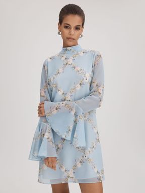 Pale Blue Florere Printed Fluted Sleeve Mini Dress