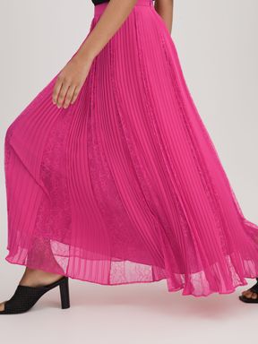 Bright Pink Florere Lace Pleated Midi Skirt