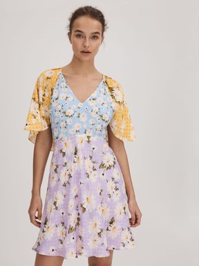 Multi Florere Printed Cape Sleeve Mini Dress