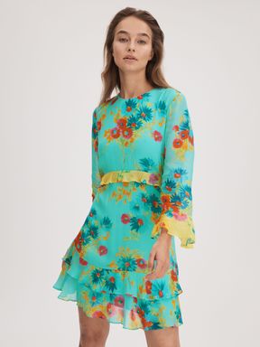 Turquoise Florere Printed Ruffle Mini Dress