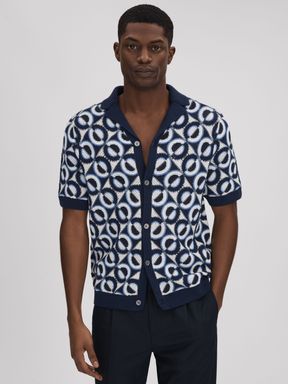 Navy Reiss Frenchie Crochet Cuban Collar Shirt