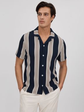 Navy/Camel Reiss Alton Slim Fit Ribbed Cuban Collar Shirt