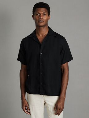 Black Reiss Beldi Relaxed Linen Cuban Collar Shirt