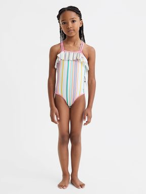 Multi Reiss Cora Striped Frilly Cross-Back Swimsuit
