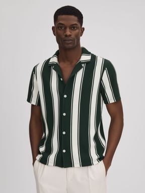 Green/White Reiss Alton Slim Fit Ribbed Cuban Collar Shirt