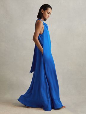 Cobalt Blue Reiss Dina Tie Neck Column Maxi Dress