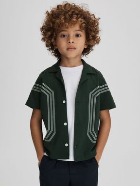 Green Reiss Arlington Cotton Embroidered Cuban Collar Shirt