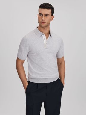 Soft Grey Reiss Finch Cotton Blend Contrast Polo Shirt