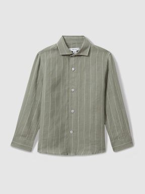 Sage Stripe Reiss Ruban Striped Linen Cutaway Collar Shirt