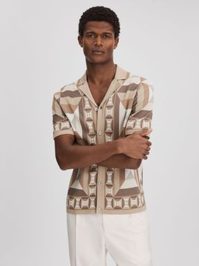 Camel Multi Reiss Beresford Knitted Cuban Collar Shirt