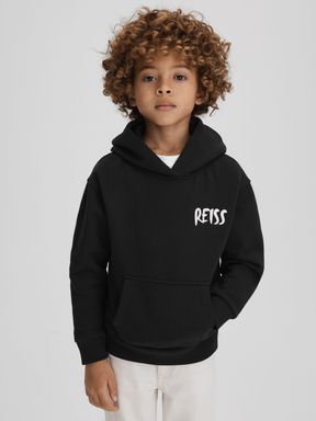 Washed Black Reiss Newton Cotton Relaxed Motif Hoodie