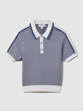 Blue Reiss Brunswick Geometric Design Knitted Polo Shirt