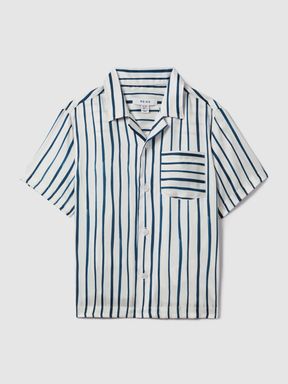 White/Blue Reiss Rava Striped Cuban Collar Shirt