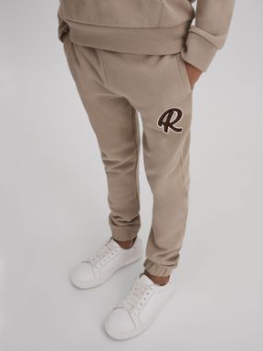 Taupe Reiss Toby Cotton Elasticated Waist Motif Joggers