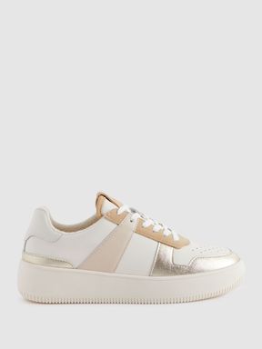 White/Gold Reiss Aira Mid Top Leather Trainers
