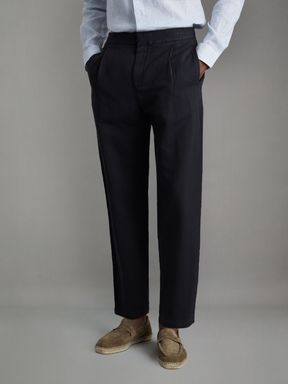 Navy Reiss Pact Relaxed Cotton Blend Elasticated Waist Trousers
