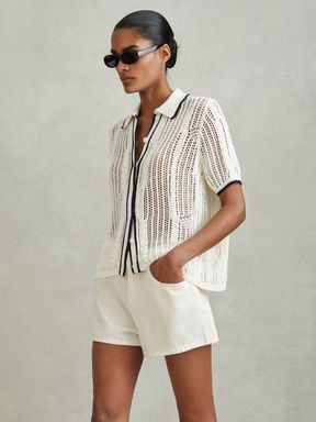 Ivory Ribbed Polo Top, Womens Tosp