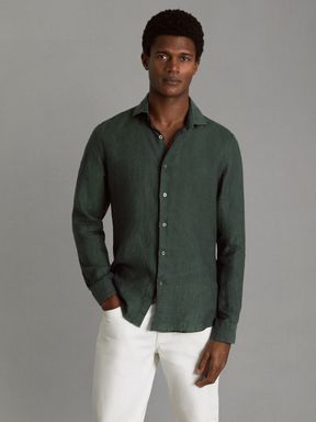 Dark Green Reiss Ruban Linen Button Through Shirt